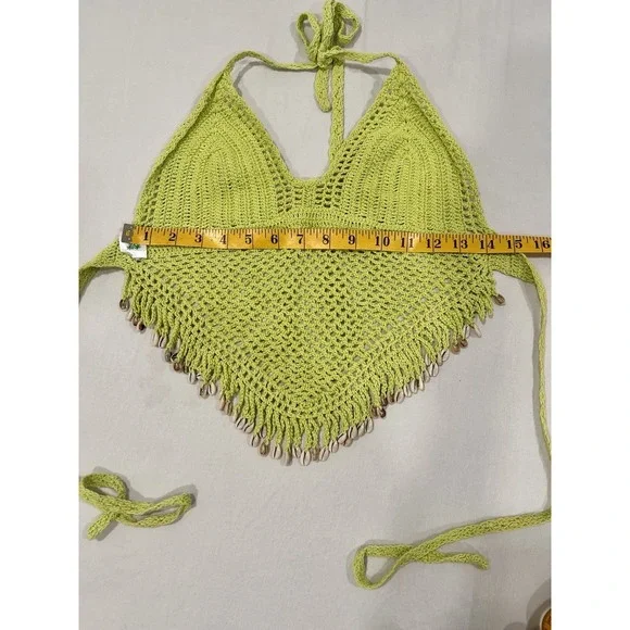 Island Planet Miami Beach Lime Green Crochet Halter Top with Shell Accents Small - Picture 2 of 6